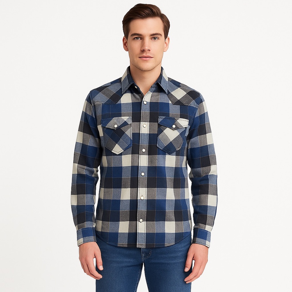 PRIVATE Member Mens plaid 100% cotton button down shirt blue ecru white in small